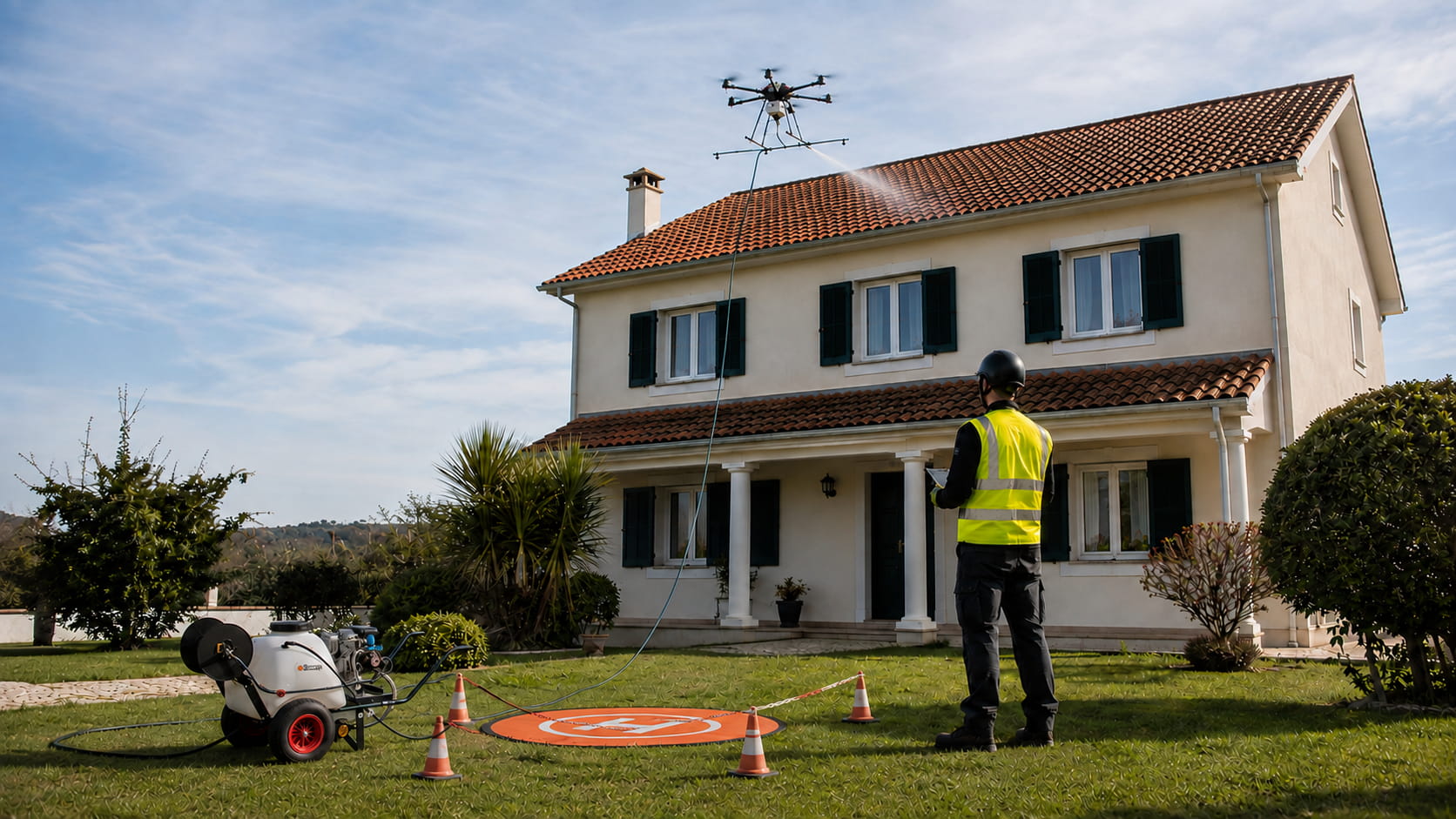Limpeza de telhado por drone numa moradia, com operador profissional no solo.