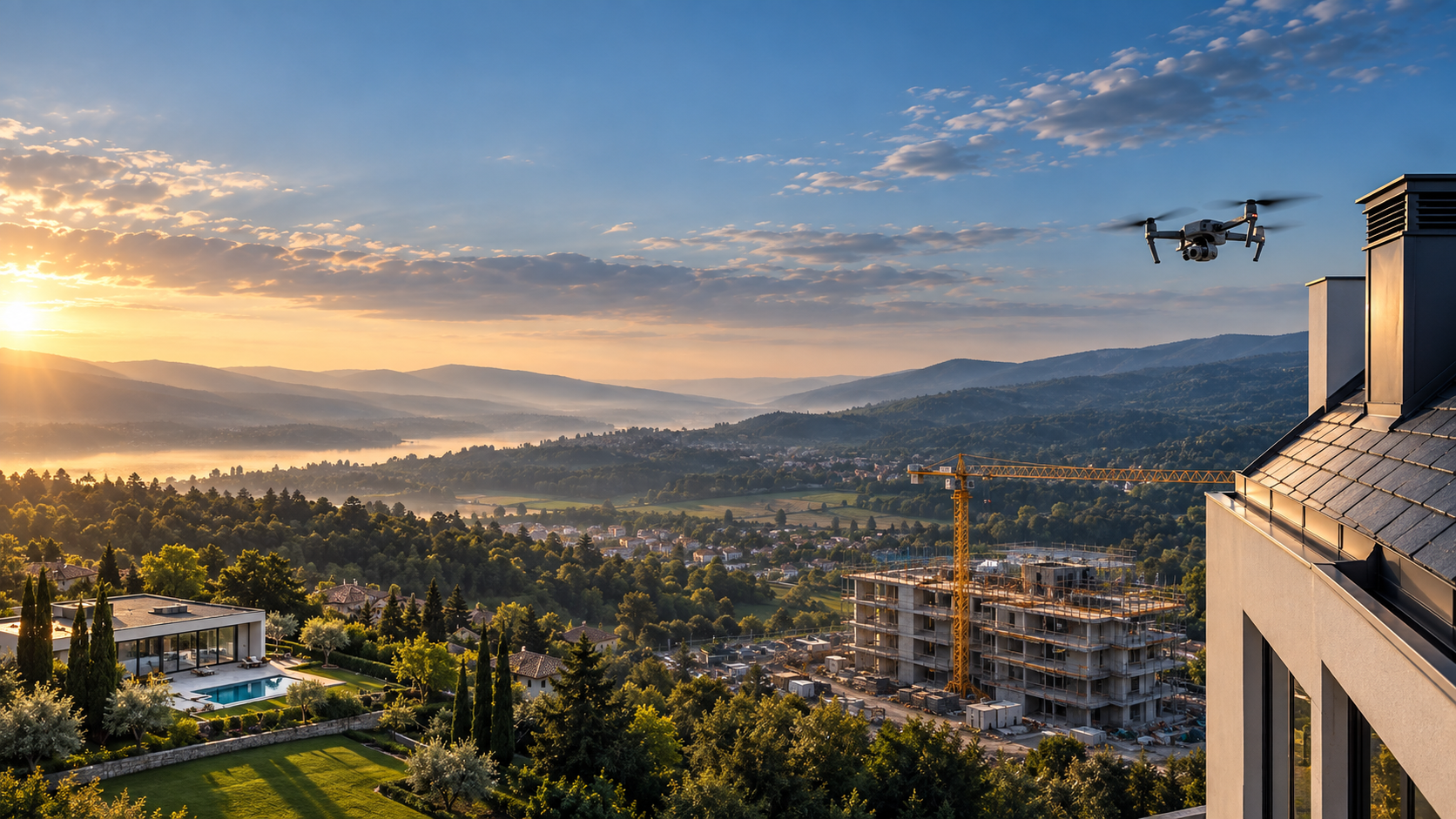 Vue aérienne d’un paysage avec maison, chantier et toiture, illustrant les services d’imobiliário, construção e inspeção aérea da AO ALTO.